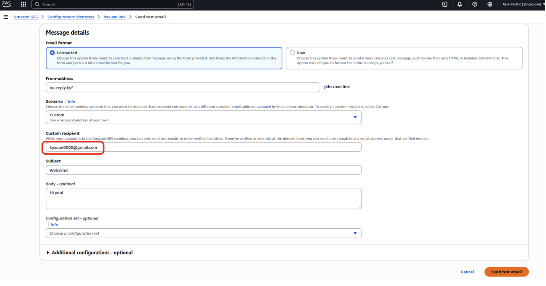 AWS SES send a test email 1